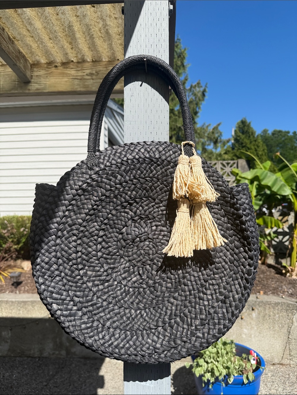 l*space Black Round Woven Tote with Cream Tassels